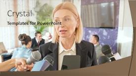  Presentation with microphones - Presentation design featuring mature-blond-female-delegate background and a coral colored foreground