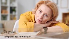  Presentation with remote work - Colorful slide set enhanced with mature-blond-self-isolated-businesswoman backdrop and a coral colored foreground