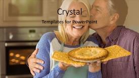  Presentation with kitchen - Presentation enhanced with mature blonde holding fresh pie with husband kissing her at home in the kitchen background and a coral colored foreground