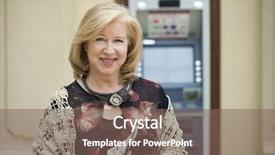  Presentation with machine shop - Colorful PPT theme enhanced with mature blonde woman counting money near automated teller machine in shop backdrop and a violet colored foreground