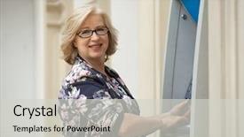  Presentation with machine shop - Beautiful slide deck featuring mature blonde woman counting money near automated teller machine in shop backdrop and a light gray colored foreground