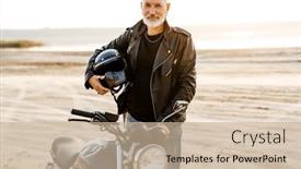  Presentation with motorbike - Beautiful presentation featuring mature-bold-man-holding-helmet backdrop and a soft green colored foreground