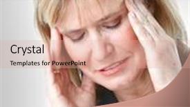  Presentation with headache - Beautiful slides featuring mature business lady having headache over grey background backdrop and a coral colored foreground