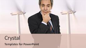  Presentation with alternative energy - Colorful theme enhanced with mature business man portrait thinking about alternative energy backdrop and a lemonade colored foreground