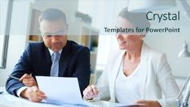  Presentation with partners - Beautiful PPT theme featuring mature business partners discussing document backdrop and a sky blue colored foreground