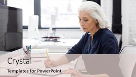  Presentation with paper making - Amazing PPT theme having mature business woman making notes backdrop and a lemonade colored foreground