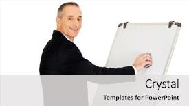  Presentation with flip chart - Theme having mature businessman cleaning a flip background and a  colored foreground