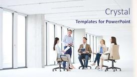  Presentation with office chair - Colorful theme enhanced with mature-businessman-discussing-with-colleagues backdrop and a sky blue colored foreground