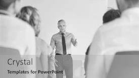  Presentation with projector - Slide set having mature businessman explaining strategy to colleagues against projector screen at office during meeting background and a light gray colored foreground