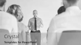  Presentation with projector - Cool new slide set with mature businessman explaining strategy to colleagues against projector screen at office during meeting backdrop and a light gray colored foreground