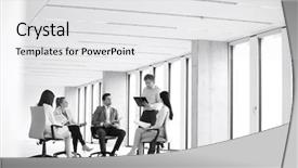  Presentation with team discussion - Presentation having mature businessman having discussion with team on chair in new office background and a white colored foreground