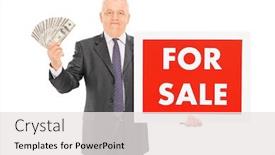  Presentation with cash - PPT layouts featuring mature businessman holding cash and for sale sign isolated on white background background and a white colored foreground