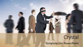  Presentation with blue orange - Beautiful presentation featuring mature businessman in a blindfold against beautiful orange and blue sky backdrop and a coral colored foreground