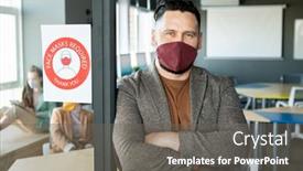  Presentation with announcement - Colorful PPT theme enhanced with mature-businessman-in-casualwear-crossing backdrop and a gray colored foreground