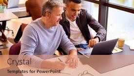  Presentation with mentoring - Presentation consisting of mature-businessman-mentoring-younger-colleague background and a coral colored foreground