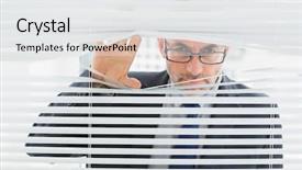  Presentation with wind energy close up portrait - Presentation design enhanced with mature businessman peeking through blind background and a  colored foreground