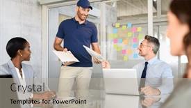  Presentation with courier - Presentation design having mature-businessman-receiving-parcel background and a light gray colored foreground