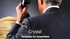  Presentation with vertical - Theme featuring mature businessman seen from behind as he answers the telephone facing a pile of work on his desk vertical format on a light to dark gray background background and a dark gray colored foreground