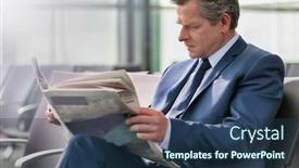  Presentation with newspaper - PPT theme with mature-businessman-sitting-and-reading background and a ocean colored foreground