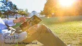 Presentation with using digital tablet - Colorful presentation design enhanced with mature-businessman-sitting-under backdrop and a gold colored foreground