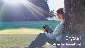  Presentation with using digital tablet - Slide deck enhanced with mature-businessman-sitting-under background and a gray colored foreground