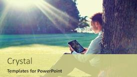  Presentation with using digital tablet - Presentation theme consisting of mature-businessman-sitting-under background and a blonde colored foreground