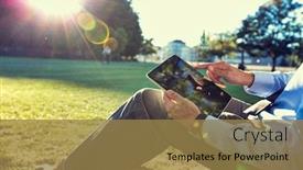  Presentation with using digital tablet - Beautiful slide set featuring mature-businessman-sitting-under backdrop and a coral colored foreground