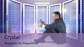  Presentation with mature students sitting at desks - Colorful presentation enhanced with mature businessman sitting using tablet against digitally generated server room with towers backdrop and a coral colored foreground