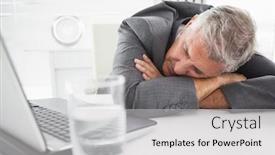  Presentation with office desk reception - PPT theme having mature businessman sleeping on desk in his office background and a light gray colored foreground