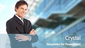  Presentation with high tech - PPT theme with mature businessman smiling against a blurred high tech glass building background and a light blue colored foreground