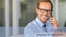  Presentation with project manager - Cool new PPT theme with mature-businessman-talking-with-smartphone backdrop and a light blue colored foreground