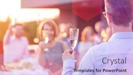  Presentation with toasting - Colorful slide deck enhanced with mature businessman toasting wineglass with colleagues during success party on rooftop backdrop and a light blue colored foreground