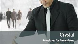  Presentation with knee - Colorful theme enhanced with mature businessman using laptop computer standing in office hallway holding the machine on his knee backdrop and a dark gray colored foreground