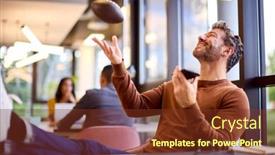  Presentation with mic - Presentation theme consisting of mature-businessman-with-feet background and a tawny brown colored foreground