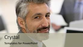  Presentation with hair cleanser - Audience pleasing slide set consisting of mature businessman with grey hair backdrop and a mint green colored foreground