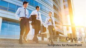  Presentation with walking - Colorful presentation design enhanced with mature-businessmen-talking-while-walking backdrop and a coral colored foreground