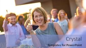  Presentation with toasting - Audience pleasing PPT theme consisting of mature businesswomaan toasting wineglass with colleagues during success party on rooftop backdrop and a light blue colored foreground