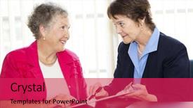  Presentation with sales - Theme with mature businesswoman discusses a contract with her senior client could also be sales related background and a red colored foreground