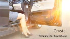  Presentation with car - Presentation design having mature-businesswoman-disembarking-car background and a lemonade colored foreground