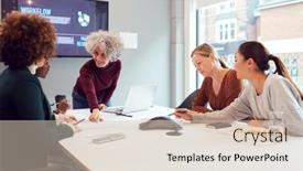  Presentation with women meeting - Presentation design enhanced with mature-businesswoman-leading-creative-meeting background and a soft green colored foreground