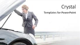  Presentation with vehicle breakdown - PPT theme enhanced with mature businesswoman looking at breakdown background and a white colored foreground