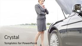  Presentation with solar car sunshade - Presentation design consisting of mature businesswoman looking at breakdown background and a  colored foreground