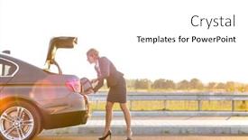  Presentation with flare - Slide set with mature businesswoman removing suitcase from car trunk on road against sky with a lens flare highlighting the strong sun rays background and a white colored foreground