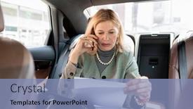  Presentation with traffic jam - Slide deck consisting of mature-businesswoman-sitting-on-backseat background and a light blue colored foreground