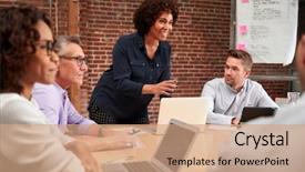  Presentation with meeting table - Beautiful presentation featuring mature businesswoman standing and leading backdrop and a coral colored foreground