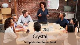  Presentation with meeting table - Amazing presentation having mature businesswoman standing and leading backdrop and a coral colored foreground