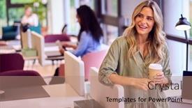  Presentation with office - PPT layouts consisting of mature-businesswoman-standing-by-partition background and a coral colored foreground