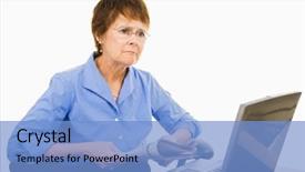  Presentation with bad news - Slide deck consisting of mature businesswoman upset by the bad news she's reading in the newspaper isolated on white background and a light blue colored foreground