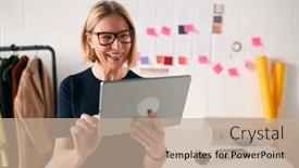  Presentation with tablet - PPT theme enhanced with mature-businesswoman-using-tablet-computer background and a coral colored foreground