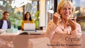  Presentation with mic - Presentation featuring mature-businesswoman-with-feet background and a  colored foreground